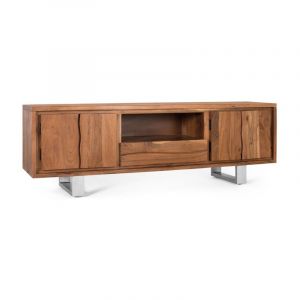 Meuble TV en bois d'acacia naturel et métal argenté