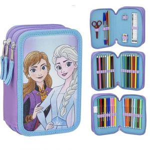 Trousse scolaire pour enfant La Reine des Neiges - Couleur bleue - Fermeture &eacute;clair - 12,5 x 6,5 x 19,5 cm - Triple compartiment - Avec accessoires - Produit original con&ccedil;u en Espagne, Bleu clair,