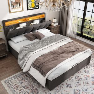 Lit coffre Lit adulte Lit double 140 x 200 cm avec led et 2 tiroirs, tête de lit de rangement, lin, gris