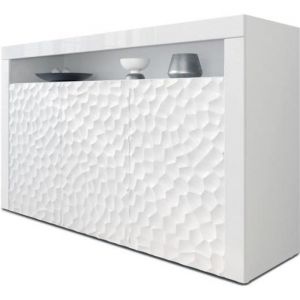 Image de Armoire basse Meuble tv Commode Buffet Valencia 3D Série Blanc mat - Façade Blanc brillant Calypso finition 3D fraisée Buffet Valencia - Façade Blanc