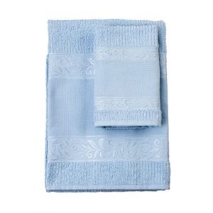 FILET - Set Serviettes avec Invité avec Insert en Toile Aida à Broder, Réalisé en Eponge de 100% Coton, Doux et Absorbant, Doux sur Peau, 100% Made in Italy, Teinte Unie, Couleur Ciel