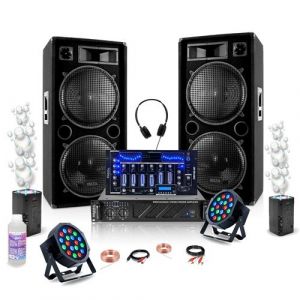 Ibiza Sound Pack Sono DJ 2 Enceintes 2x1500W STAR212 - Ampli AMP1000-MKII 2x800W - Table de Mixage DJM102-BT - 2 PAR - 2 Machines Bulles