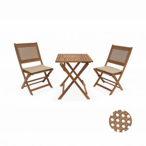 Image de Alice's Garden Table de jardin bistrot cannage rond 2 places. Boh&eacute;mia. 1 table. 2 chaises 60x60x72 cm