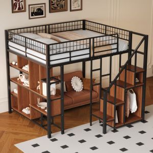 Lit mezzanine 140x200cm - lit enfant en métal avec sommier à lattes, étagères et escalier de rangement avec petit armoire - noir