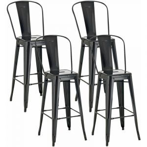 CLP Lot De 4 Tabourets De Bar Design Aiden En M&eacute;tal Robuste I Dossier Et Repose-pied - Noir