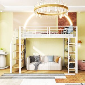 Lit mezzanine 90x200 cm - avec petite armoire et étagères de rangement - Blanc