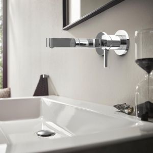 Image de Hansgrohe Robinet de lavabo encastré Finoris - Pour montage mural - Avec bonde de vidage non verrouillable - Robinet de salle de bain économiseur d'eau - Chromé - Longueur de sortie : 168 mm