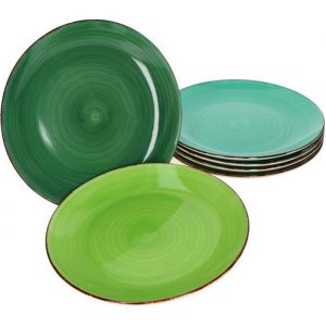 MamboCat Green Lot de 6 assiettes plates, en faïence, vertes, robustes, pour 6 personnes, avec décor moderne de tourbillons dans de superbes tons
