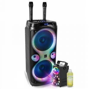 Pack Enceinte Karaoké USB Bluetooth TWS 1000W Ibiza Sound COLUMBA-KARAOKE - 2 Micros Sans Fil - Machine Fumée 700W Effet Astro Fête