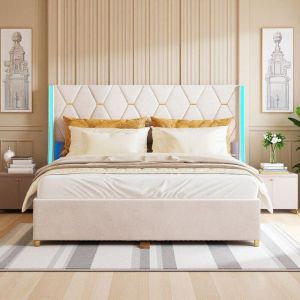 Lit Double 160x200cm - Hydraulique avec Coffre - Tissu Velours - LED RGB - App Contr&ocirc;le