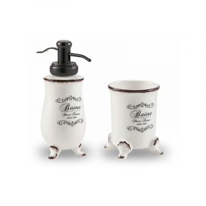 Kiamami Valentina SET D'ACCESSOIRES LAVABO SHABBY EN C&Eacute;RAMIQUE BLANCHE D&Eacute;COR&Eacute;E - AMELIA
