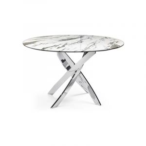 Table Repas ronde jessica Chrome verre effet Marbre Blanc D100 cm