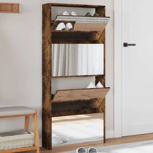 VidaXL Armoire à Chaussures Miroir à 4 Niveaux, Étagère à Chaussures avec Rangement, Meuble à Chaussures Salon, Moderne, Chêne Fumé