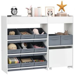 &Eacute;tag&egrave;re &agrave; jouets pour enfants - AIYAPLAY - 11 bacs de rangements en tissu non tiss&eacute;, cabinet sur roulettes - blanc