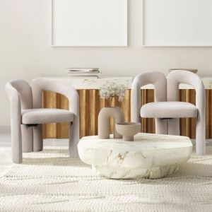 Oem Fauteuil de Salle &agrave; Manger en Velours Beige - Design Moderne avec Dossier Courb&eacute; - Si&egrave;ge Rembourr&eacute; Mousse Haute Densit&eacute;