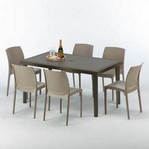 Grand Soleil Table rectangulaire 6 chaises Poly rotin resine 150x90 marron | Boheme Beige Juta