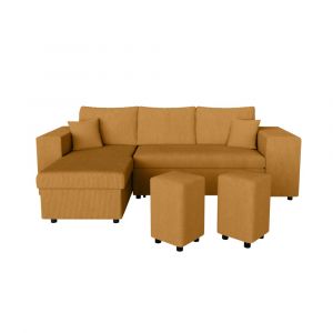 Loungitude Canapé convertible 2 poufs droit et étagère en velours côtelé - Jaune