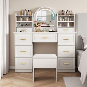 POCKETPOP Coiffeuse avec miroir et tabouret avec &eacute;clairage LED 9 tiroirs pour salon ou chambre Blanc