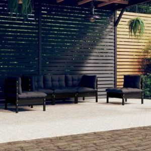 VidaXL Ensemble de fauteuils de jardin 5 pièces en bois massif noir avec coussins gris foncé