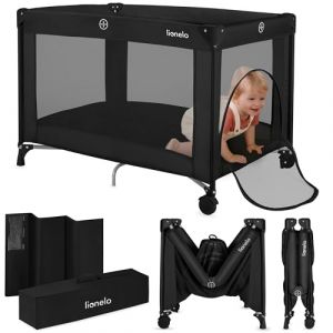 Lionelo Lit de Voyage pour Bébé Amelie de la Naissance à 15 kg, Petit, Pliable, Matelas Pliable Moelleux, 100,5x70,5 cm, 2 Roues, Entrée Latérale, Sac de Transport (Black)