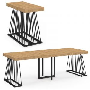 Idmarket Table console extensible YUNA 10 personnes 235 cm plateau bois et pied filaire en m&eacute;tal noir