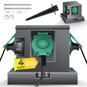 KESSER Prise de jardin aspect pierre avec 4 emplacements Piquet de terre inclus Prises multiples extérieures avec câble de rallonge de 3m Prise