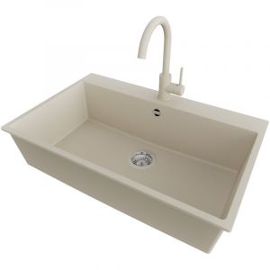 PRIMAGRAN Evier Cuisine en Granit 78x50cm,Lavabo 1 bac + Robinet 32x20cm + Kit de Vidage, &Eacute;vier &agrave; Encastrer au meuble 80cm - Riga, Beige