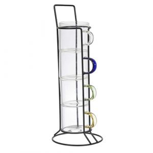 HOME DECO FACTORY, KA0498, Tasse Expresso en Verre avec Support, Design Moderne et élégant, idéal pour café, thé et Desserts, Facile à Nettoyer, Set de 4, Transparent, Multicolore, 80ml
