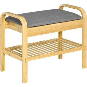 Homcom Banc à chaussures coffre 2 en 1 - banquette style cosy chic bois bambou verni - étagère, coffre - assise rembourrée tissu gris