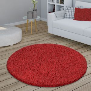 Tapis De Salon Rond Shaggy Poil Long Chambre Moelleux Moderne Couloir Monochrome 120 cm rond, Rouge - Paco Home