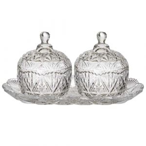 HOME DECO FACTORY, KA0271, Duo de Bonbonni&egrave;res en Verre sur Plateau, Design &Eacute;l&eacute;gant et Polyvalent, Id&eacute;al pour Friandises ou D&eacute;corations, Durable et Pratique, 145Cl, Transparent