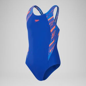 Speedo Maillot de Bain Hyperboom Splice Muscleback, Entraînement de Natation, Résistant au Chlore Maillot de Bain pour Fille, Bleu Cobalt Profond/Rouge Sirène/Bleu Picton, 11-12 Années