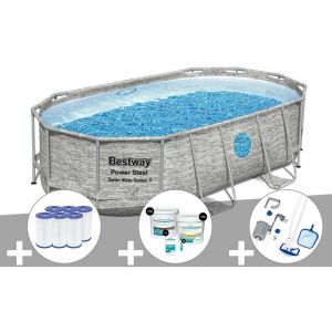 Image de Bestway Kit piscine tubulaire ovale Power Steel SwimVista avec hublots 4,27 x 2,50 x 1,00 m + 6 cartouches de filtration + Kit de traitement au chlore + Kit