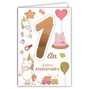 Afie 69-2101 Carte Joyeux Anniversaire 1 an Bébé Fille Licornes Cœur Ballons étoile Jouets