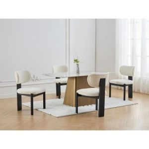 Lot de 6 chaises en tissu bouclette et bois d'hévéa - Blanc et Noir - wilana