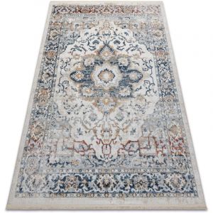 Tapis moderne DISTIN 0834A bleu marine / bleu / jaune / terre cuite - Ornement, vintage, franges blue 80x150 cm