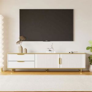 Meuble TV 175x40x45cm, avec 2 portes et 2 tiroirs, plaque à texture sculptée, avec structure en marbre, pieds dorés, blanc
