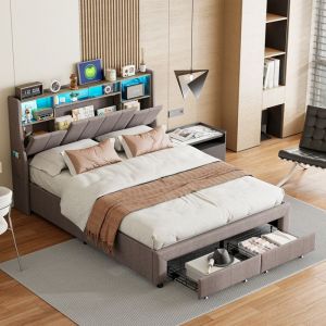 Lit Double 140x200 - Lit Coffre Moderne - Rangement Tiroirs - &Eacute;clairage RGB - Gris