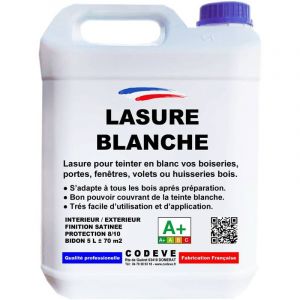 Codève Bois - Lasure Blanche - 4x5 l - Codeve Bois - Blanche De Décoration Pour Un Volet, Fenêtre, Porte Ou Bardage Bois.