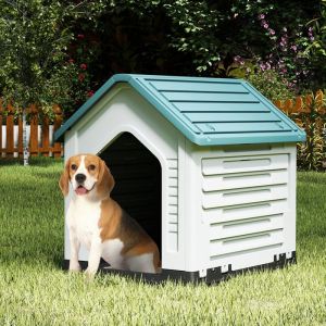 Niche pour Chien avec Porte Verrouillable, Abri pour Animaux, Aérations et Toit Incliné pour Petits Chiens et Chats, pour Maison, Terrasse, Bleu
