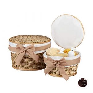 Relaxdays 10024174_126 Corbeille de Salle de Bain Panier de Rangement Couvercle Lot de 2 Rond en Bois Buri tressé Main, Nature