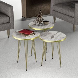 Set de 3 tables d'appoint Ry rondes gigognes marbre blanc or
