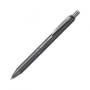 Pentel Bolígrafo Energel retráctil con punta de bola y cuerpo metálico antracita. Escritura en color negro.