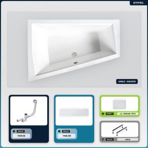 Baignoire asymétrique - 180 x 125 cm - Gauche - avec Tablier - Pieds - 2 Repose-têtes - Vidage Chrome - INTIMA DUO