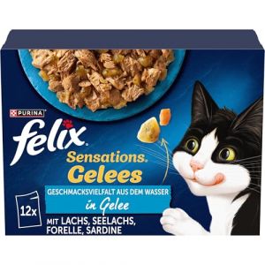Felix Sensations Gel&eacute;es Nourriture Humide pour Chat M&eacute;lange de vari&eacute;t&eacute;s de Poisson (6 x 12 sachets de 85 g)