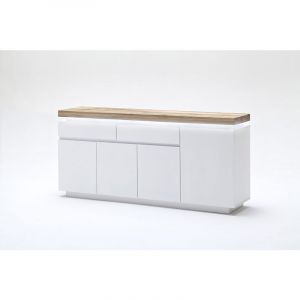 Pegane Buffet LED laqué blanc mat avec plateau en chêne noueux huilé - L175 x H81 x P40 cm -