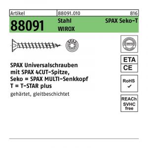 Spax Vis universelle, tête fraisée, 4 Cut, T-Star plus en T, galvanisé Blank a2j – 1191010350155, 1191010450165