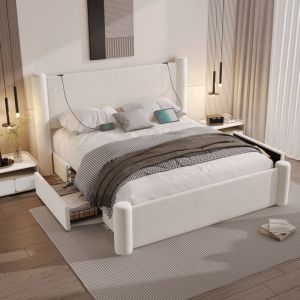 Redom - Lit adulte 160x200 cm avec 2 tiroirs de rangement et prises usb, cadre de lit moderne, Sommier à lattes, Beige