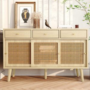 ModernLuxe Buffet avec 3 tiroirs et 3 portes coulissantes en rotin tressé - étagères réglables - Naturel