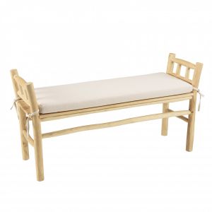 Macabane Banc en branches de teck et coussin will naturel - 128x40x66 cm